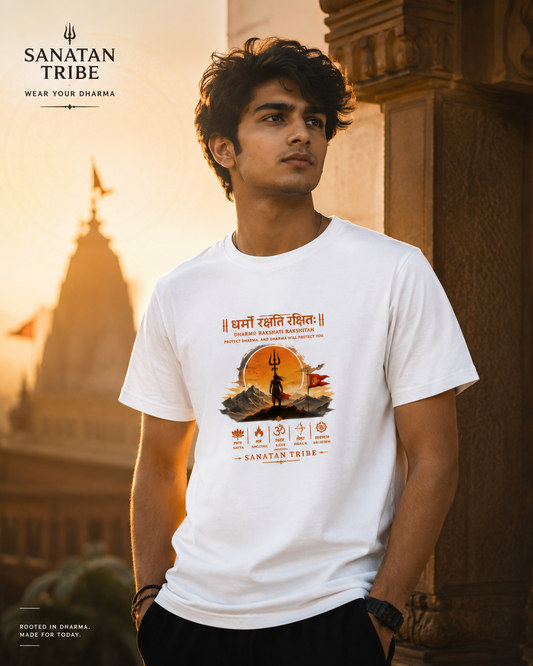 Dharmo Rakshati T-Shirt — Sanatan Tribe White Sanskrit Quote Tee